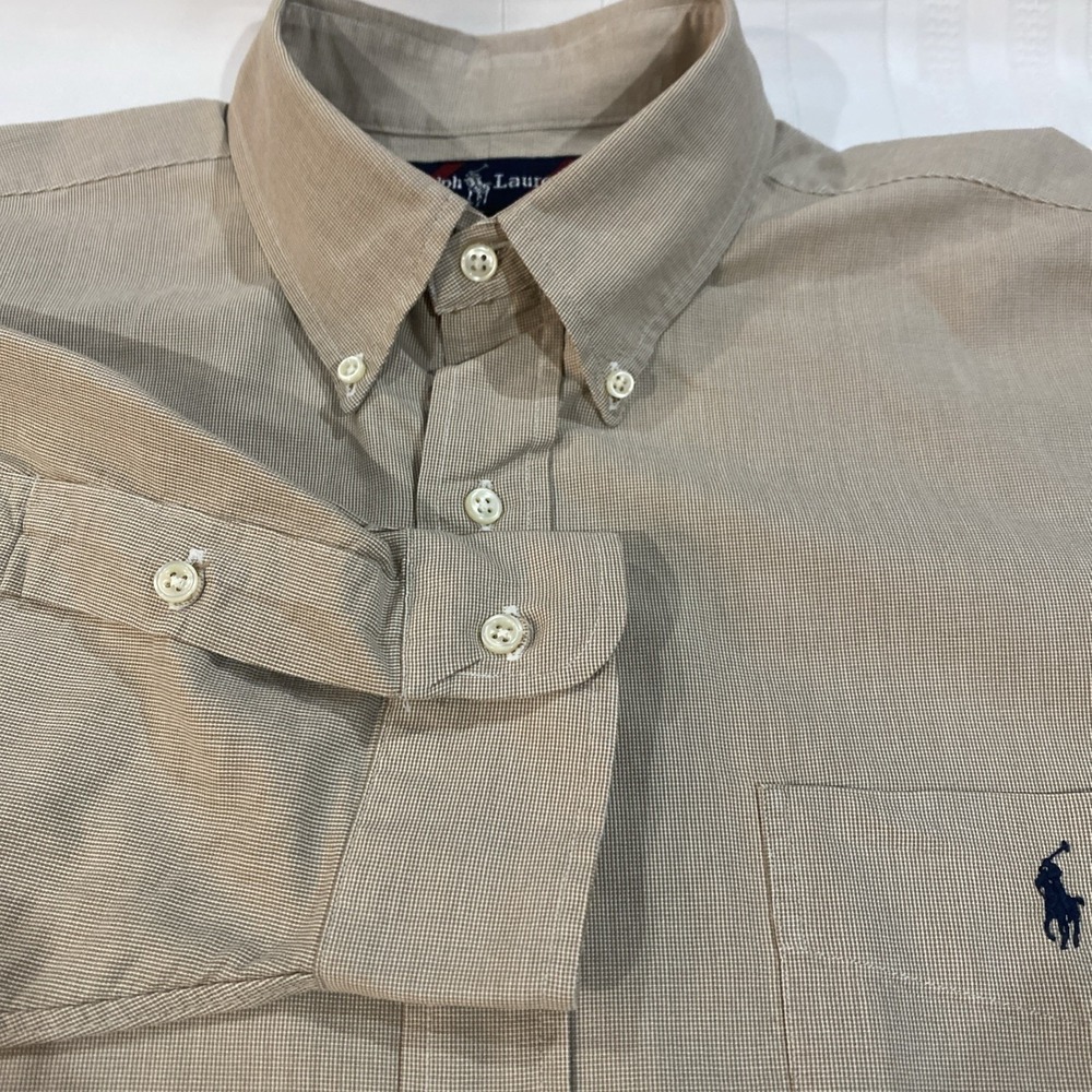 Ralph Lauren Big Shirt Mens XL Tan Micro Check Cotton Button Down Long Sleeve